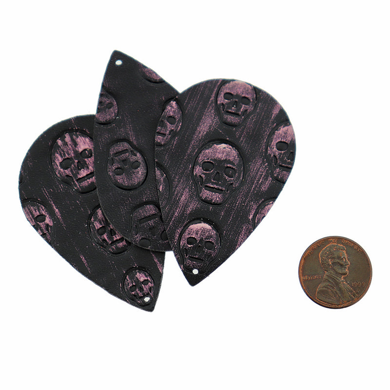 Pendentifs en forme de larme en similicuir - Crânes noirs et violets - 2 pièces - LP017