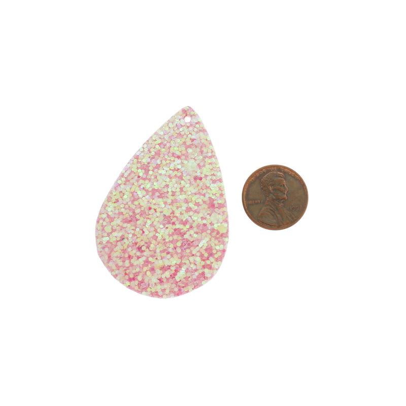 Imitation Leather Teardrop Pendants - Pink Sequin Glitter - 4 Pieces - LP232
