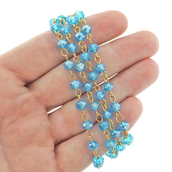 BULK Beaded Chapelet - 6mm Rondelle Sky Blue Glass &amp; Gold Tone - 3.3ft ou 1m - RC036