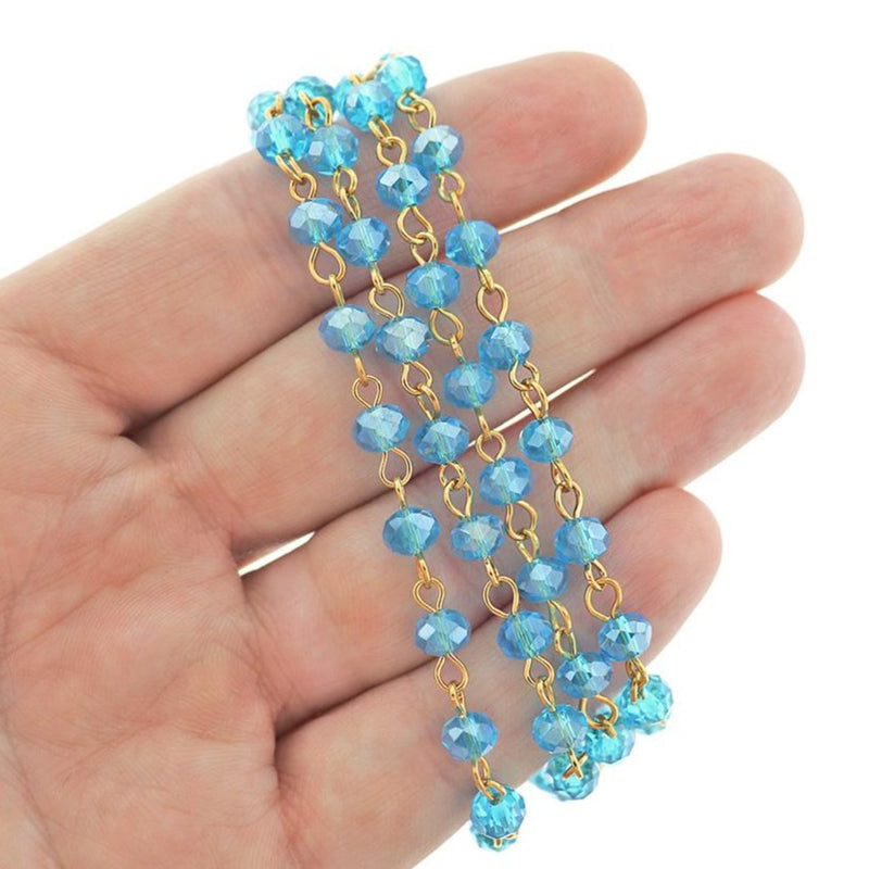 BULK Beaded Rosary Chain - 6mm Rondelle Sky Blue Glass & Gold Tone - 3.3ft or 1m - RC036