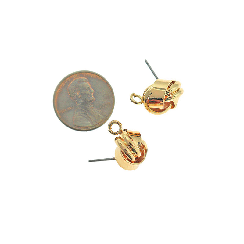 Gold Tone Knot Earrings - Stud With Loop - 16mm - 2 Pieces 1 Pair - FD445