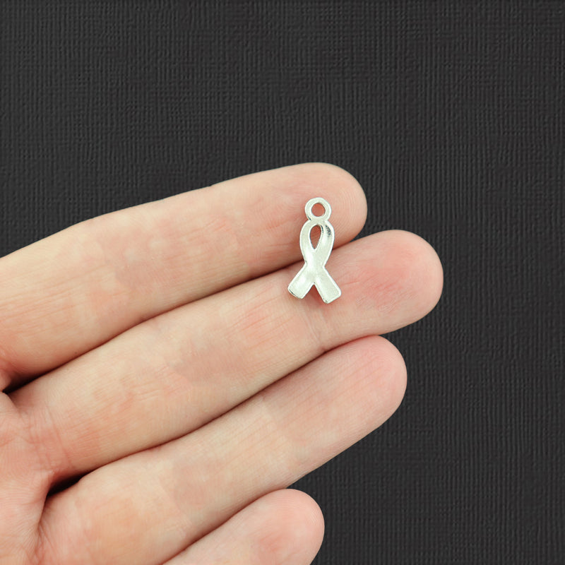 2 Awareness Ribbon Silver Tone Charms With Inset Pink Rhinestones - SC3635