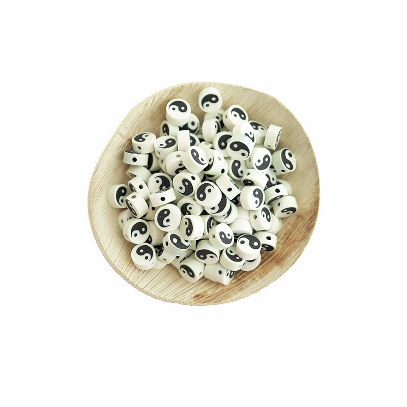 Perles Rondes Plates en Pâte Polymère 10mm x 5mm - Yin Yang Noir et Blanc - 50 Perles - BD2234