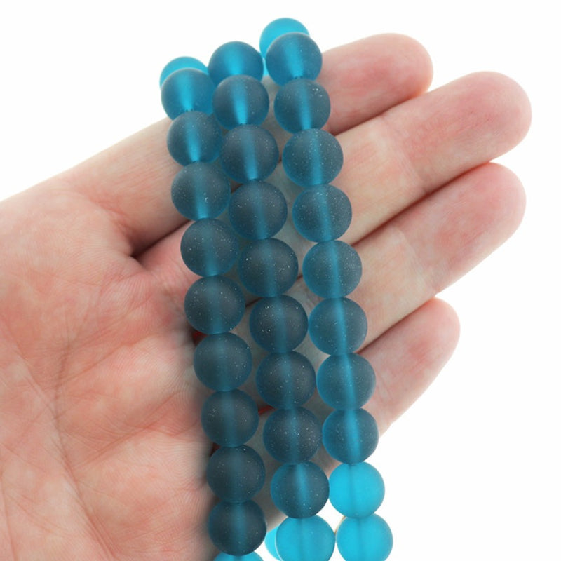 Round Cultured Sea Glass Beads 10mm - Frosted Teal - 1 Strand 19 Beads - U192