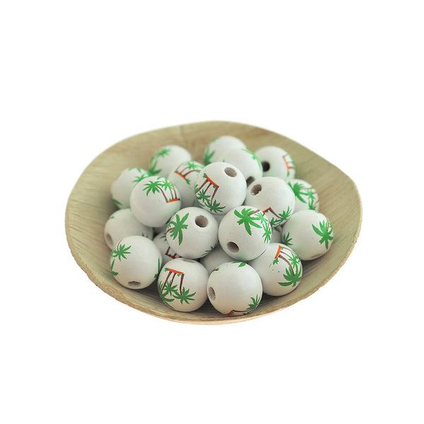 Round Wood Beads 16mm -White with Palm Tree - 10 Beads - BD327