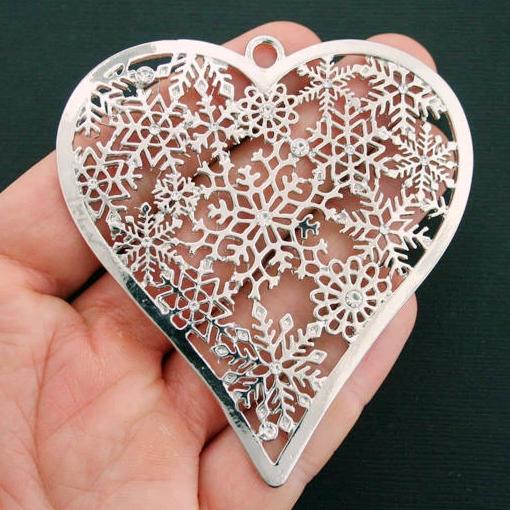 Snowflake Heart Silver Tone Charm With Inset Rhinestones - SC6246