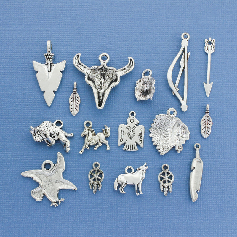 Deluxe Native American Charm Collection Ton argent antique 16 breloques - COL129