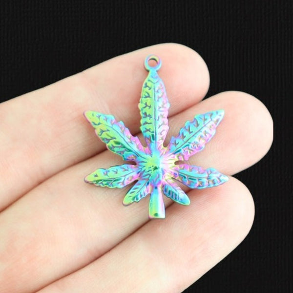Weed Leaf Rainbow Electroplated Stainless Steel Charm - SSP556