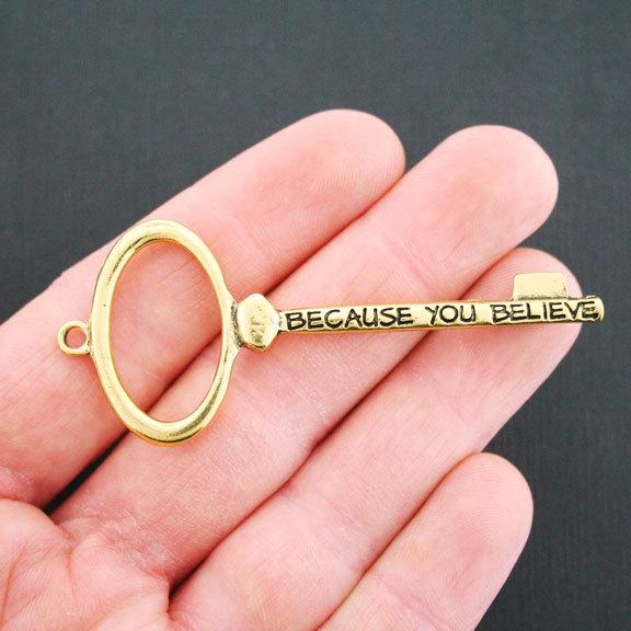 1 Believe Key Antique Gold Tone Charm 2 Sided - GC656