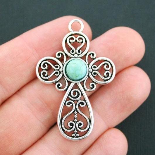 Cross Antique Silver Tone Charm With Imitation Turquoise - SC4908