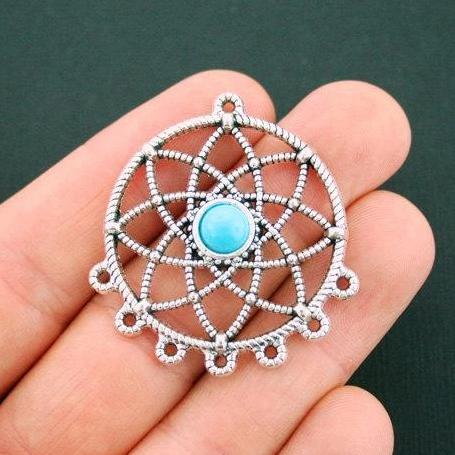 Dream Catcher Antique Silver Tone Charm With Imitation Turquoise - SC3099