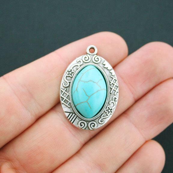Oval Pendant Antique Silver Tone Charms With Imitation Turquoise - SC4811