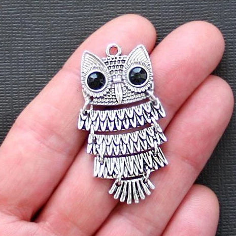 Owl Antique Silver Tone Charm With Inset Rhinestones - SC1823