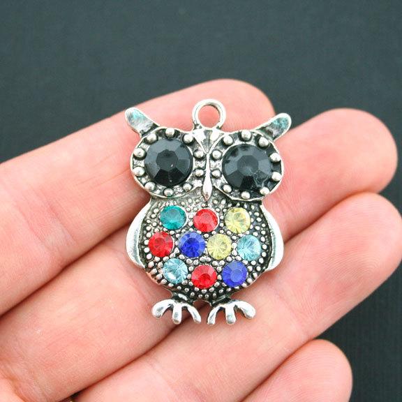 Owl Antique Silver Tone Charms With Inset Rhinestones - SC4770