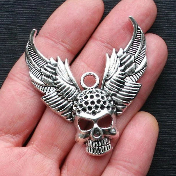 Winged Skull Antique Silver Tone Charm - SC3016
