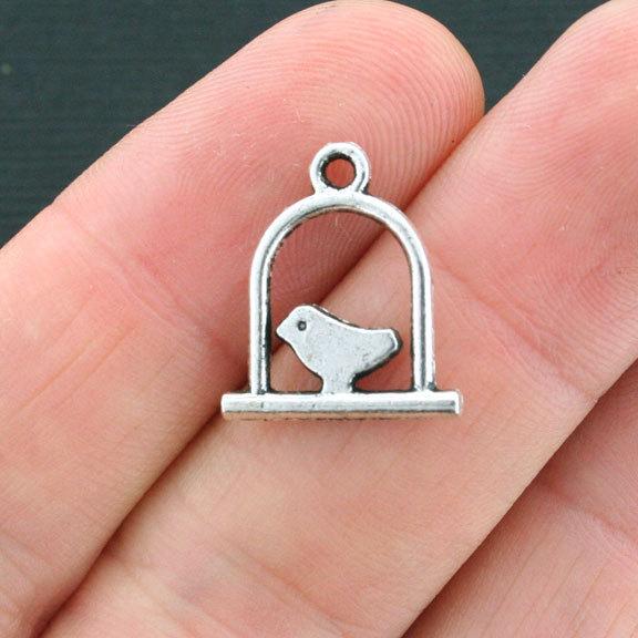 10 Oiseaux sur une balançoire Antique Silver Tone Charms 2 faces - SC771
