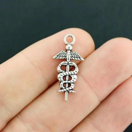 10 Caduceus Antique Silver Tone Charms - SC7813