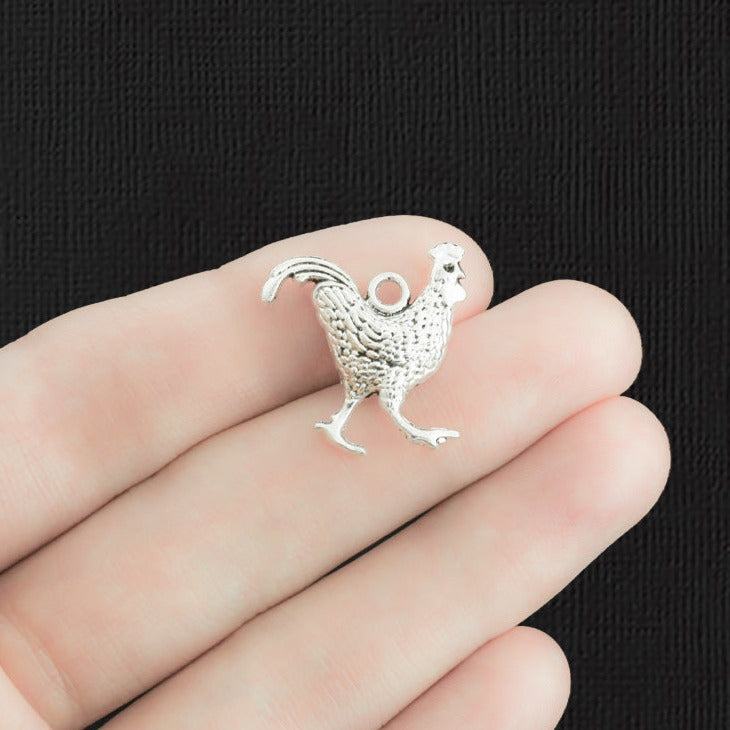 10 Poulet Antique Silver Tone Charms 2 Faces - SC1859