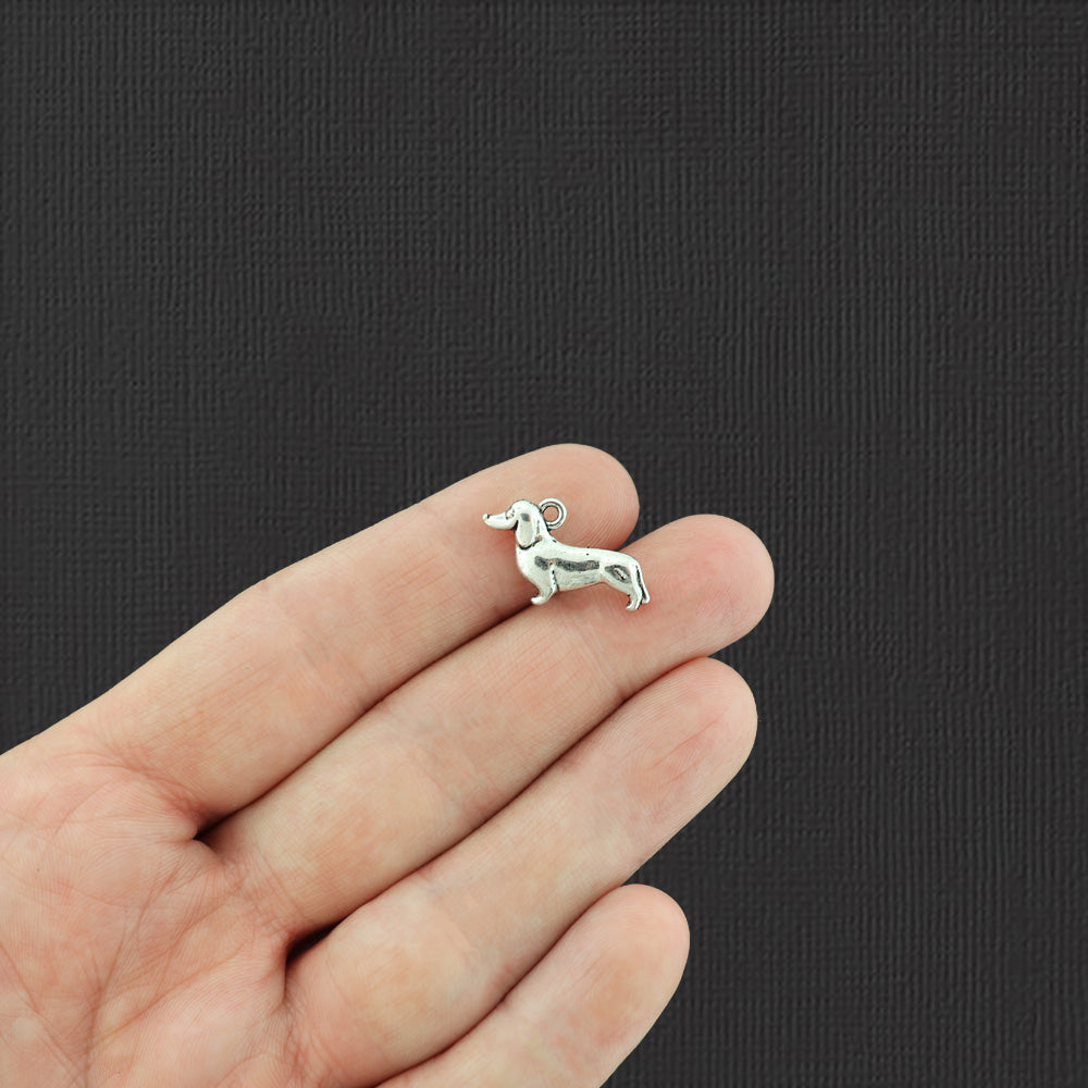 10 Dachshund Antique Silver Tone Charms 2 Sided - SC4249
