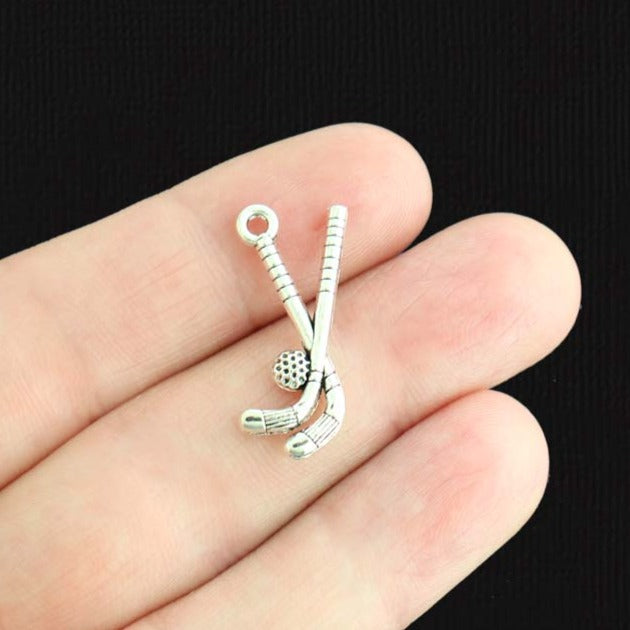 10 Field Hockey Sticks Antique Silver Tone Charms 2 Sided - SC2873