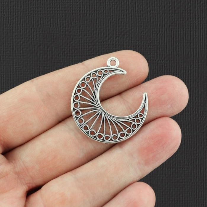10 Filigree Crescent Moon Antique Silver Tone Charms 2 Sided - SC2370