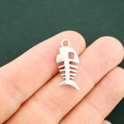 10 Fish Bones Antique Silver Tone Tone Charms 2 Sided - SC879