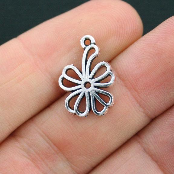 10 Flower Antique Silver Tone Charms 2 Sided - SC4084