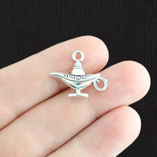 10 Genie Lamp Antique Silver Tone Charms 2 Sided - SC705