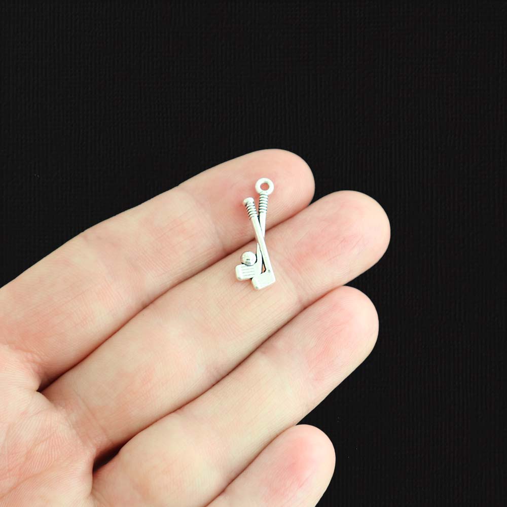 10 Golf Clubs Antique Silver Tone Charms 2 Sided - SC2910