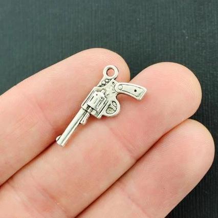 10 Gun Antique Silver Tone Charms 2 Sided - SC2992