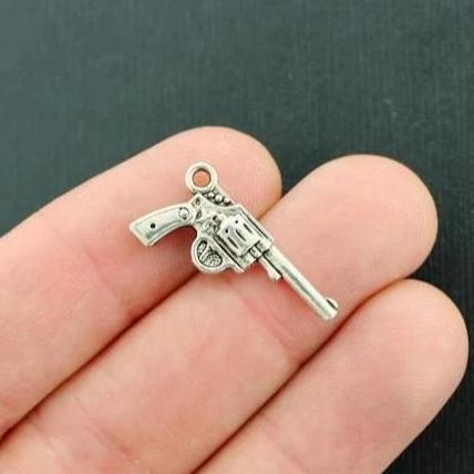 10 Gun Antique Silver Tone Charms 2 Sided - SC2992
