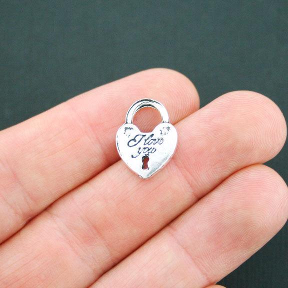 10 Heart Lock Antique Silver Tone Charms 2 Sided - SC5086