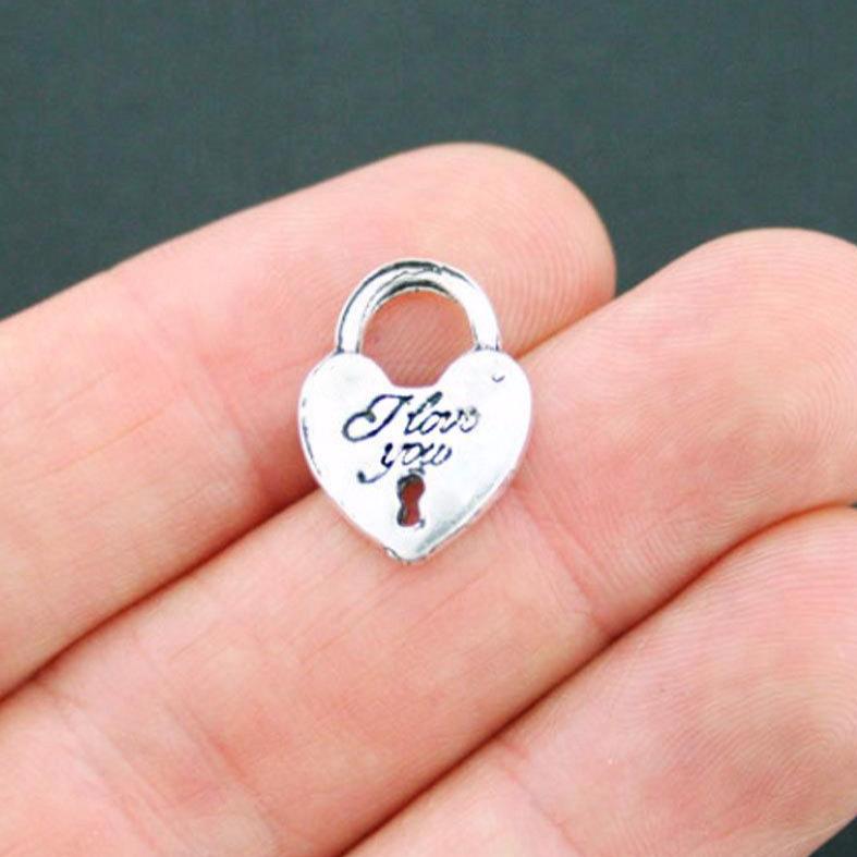 10 Heart Lock Antique Silver Tone Charms 2 Sided - SC5086