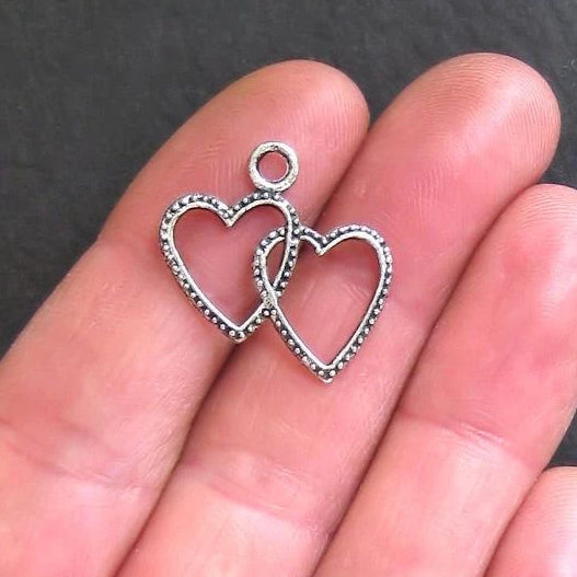10 Hearts Antique Silver Tone Charms 2 Sided - SC772