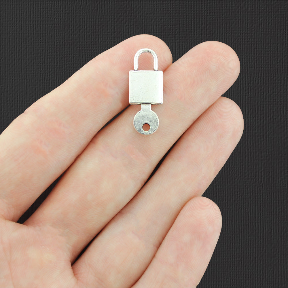 10 Key and Lock Antique Silver Tone Charms 2 Sided - SC7072