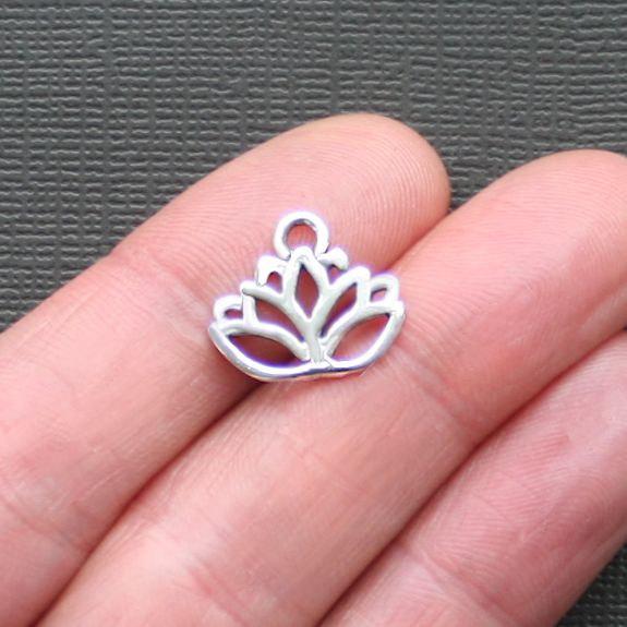 10 Lotus Flower Antique Silver Tone Charms - SC2378