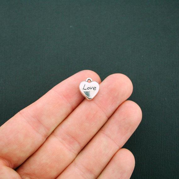 10 Love Heart Antique Silver Tone Charms 2 Sided - SC5786