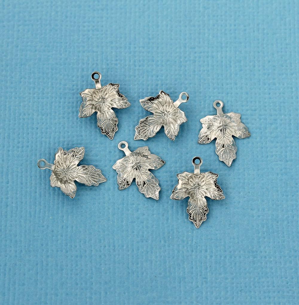 10 Maple Leaf Silver Tone Stainless Steel Charms 2 Sided - MT487