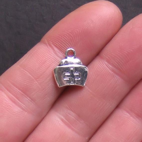 10 Nurses Cap Antique Silver Tone Charms 2 Sided - SC342