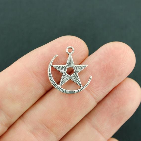 10 Pentagram Crescent Moon Antique Silver Tone Charms - SC7658