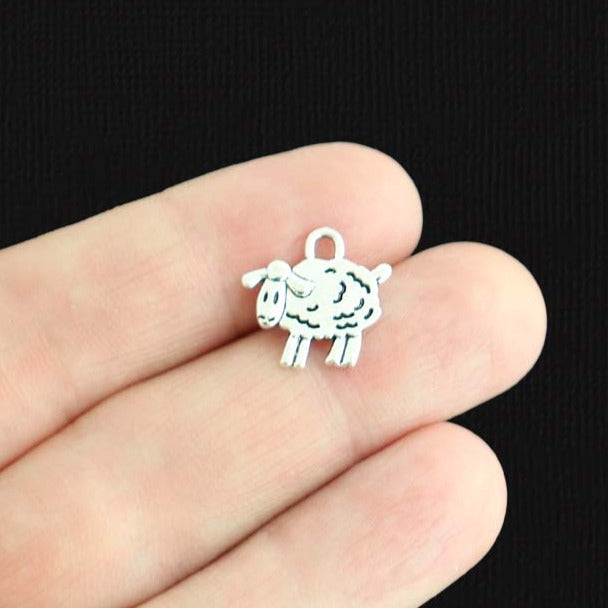 10 Sheep Antique Silver Tone Charms 2 Sided - SC2308