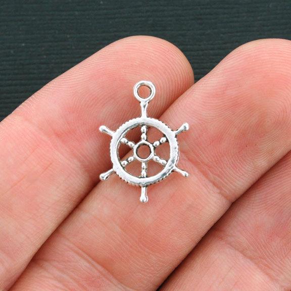 10 Ship Wheel Antique Silver Tone Charms 2 Sided - SC4219