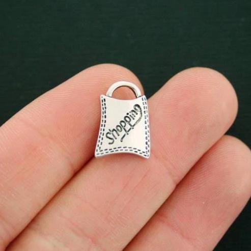 10 Shopping Bag Antique Silver Tone Charms - SC7479