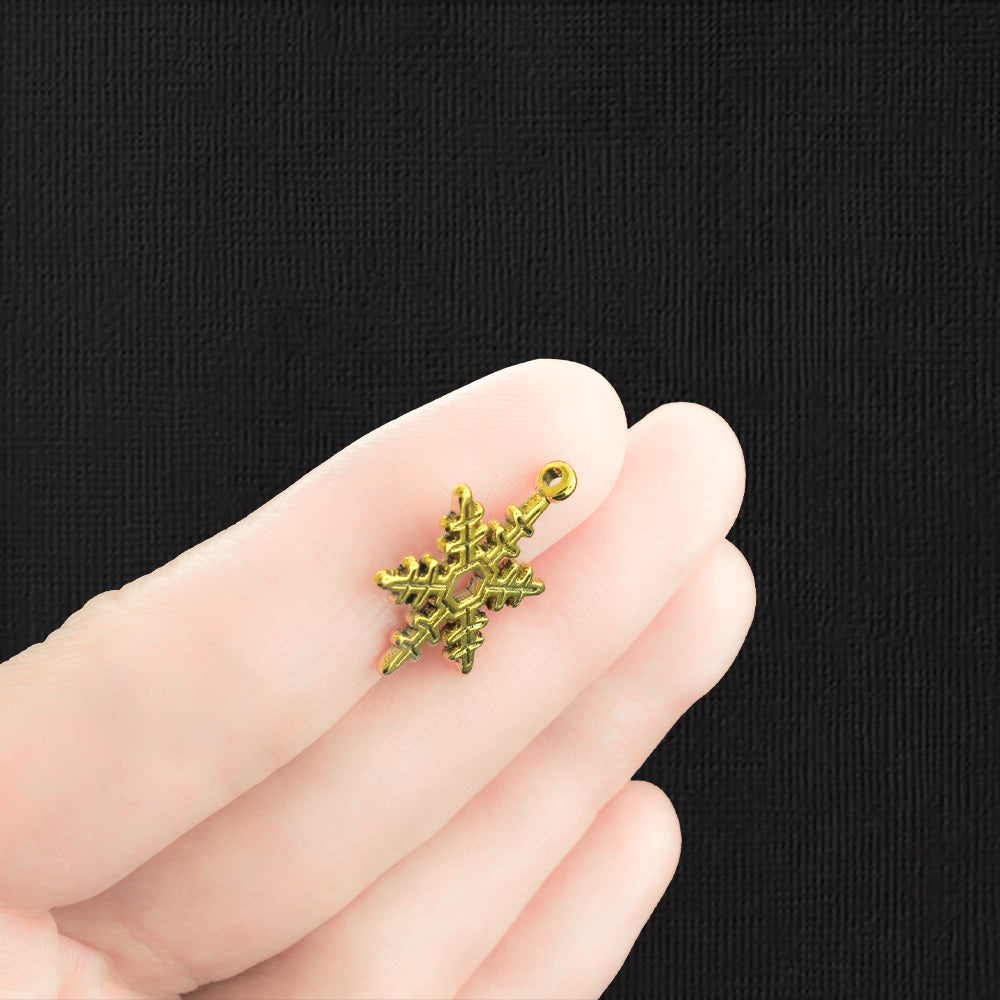 10 Snowflake Antique Gold Tone Charms 2 Sided - GC220