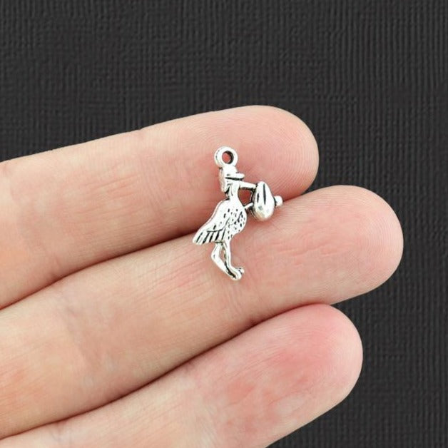 10 Stork Antique Silver Tone Charms 2 Sided - SC1928