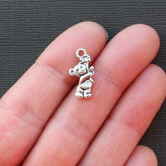 10 Teddy Bear Antique Silver Tone Charms 2 Sided - SC1974