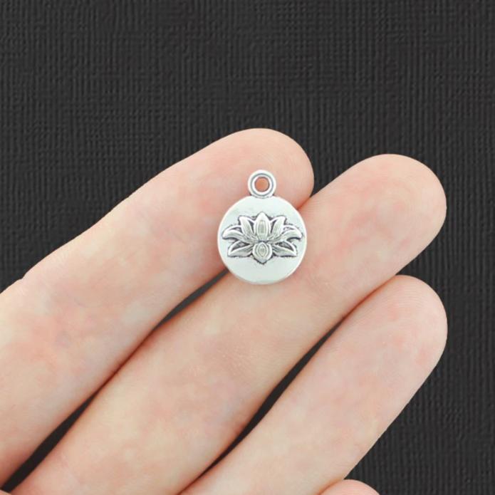 10 Water Lily Antique Silver Tone Charms 2 Sided- SC4242