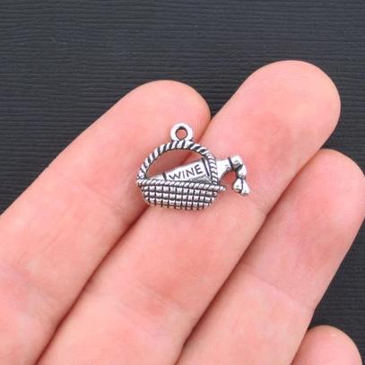 10 Wine Bottle Antique Silver Tone Charms - SC3343