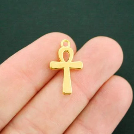 10 Ankh Cross Antique Gold Tone Charms 2 faces - GC830