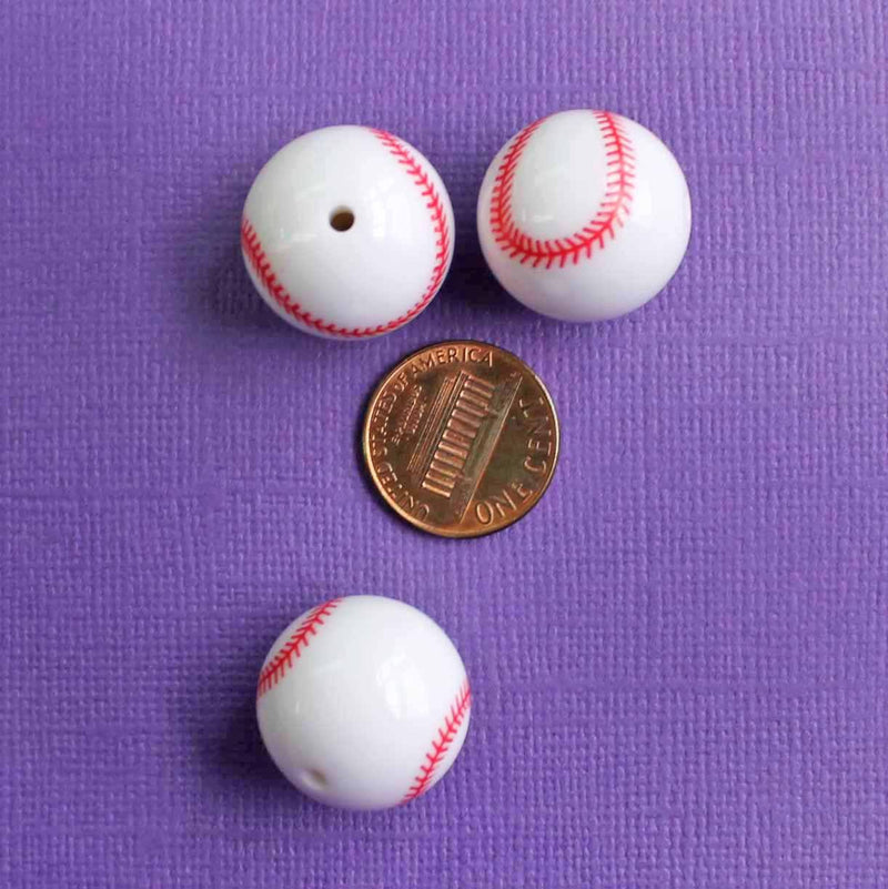 Round Acrylic Beads 20mm - Red and White Baseball - 10 Beads - K038